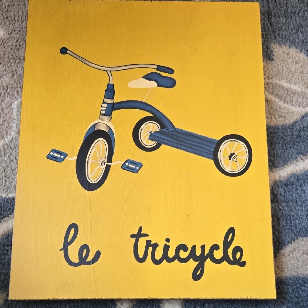 Pottery Barn Kids Yellow and Blue Tricycle Art Painted On Wood Plaque French